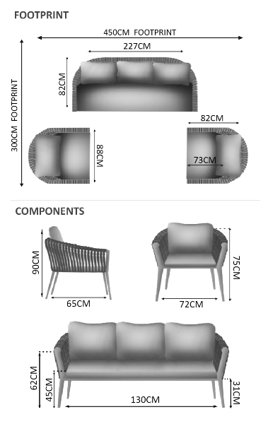 Moon 5 Seater Sofa Set - 1 Sofa, 2 Armchairs